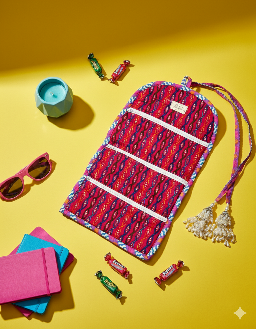 A colourful patterned jewellery organiser unfolded into 3 sections with sunglasses, books, and candies on a yellow background
