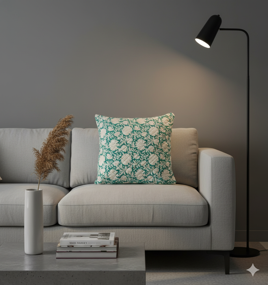 A grey sofa with a turquoise pillow with white flowers in a modern living room setting