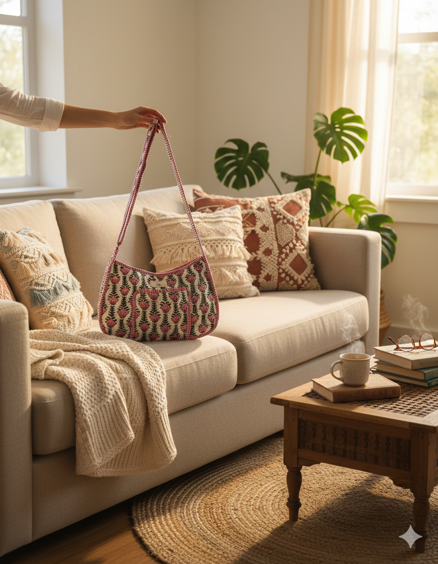 Person holding a floral pinjk, white, and green quilted cross body adjustable strap bag with front pocket in a cozy living room with a beige sofa, cushions, and a wooden coffee table.