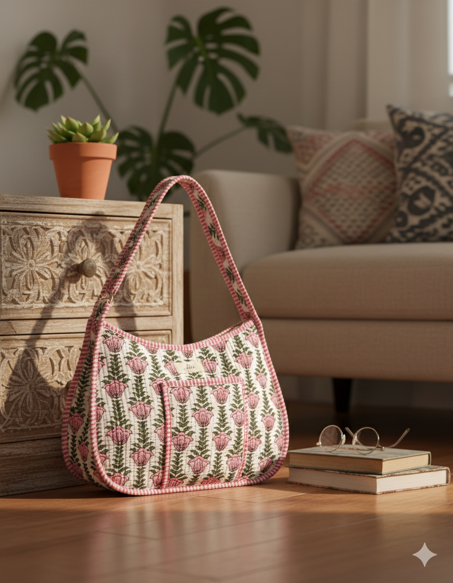 Floral white pink and green quilted crossbody bag with adjustable straps and front pocket on a wooden surface in a home setting