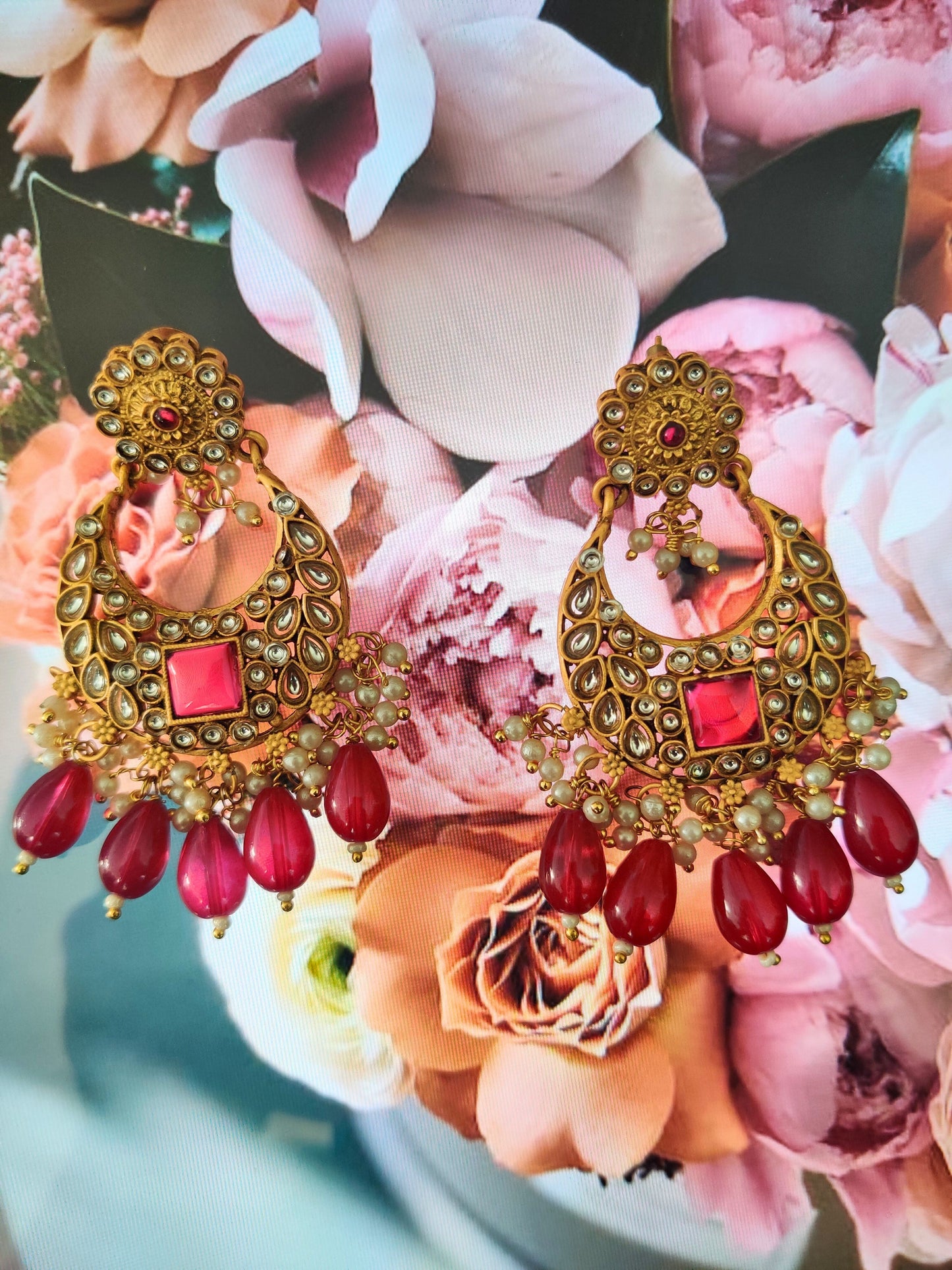 Maroon and Golden Antique Chandbali Earrings