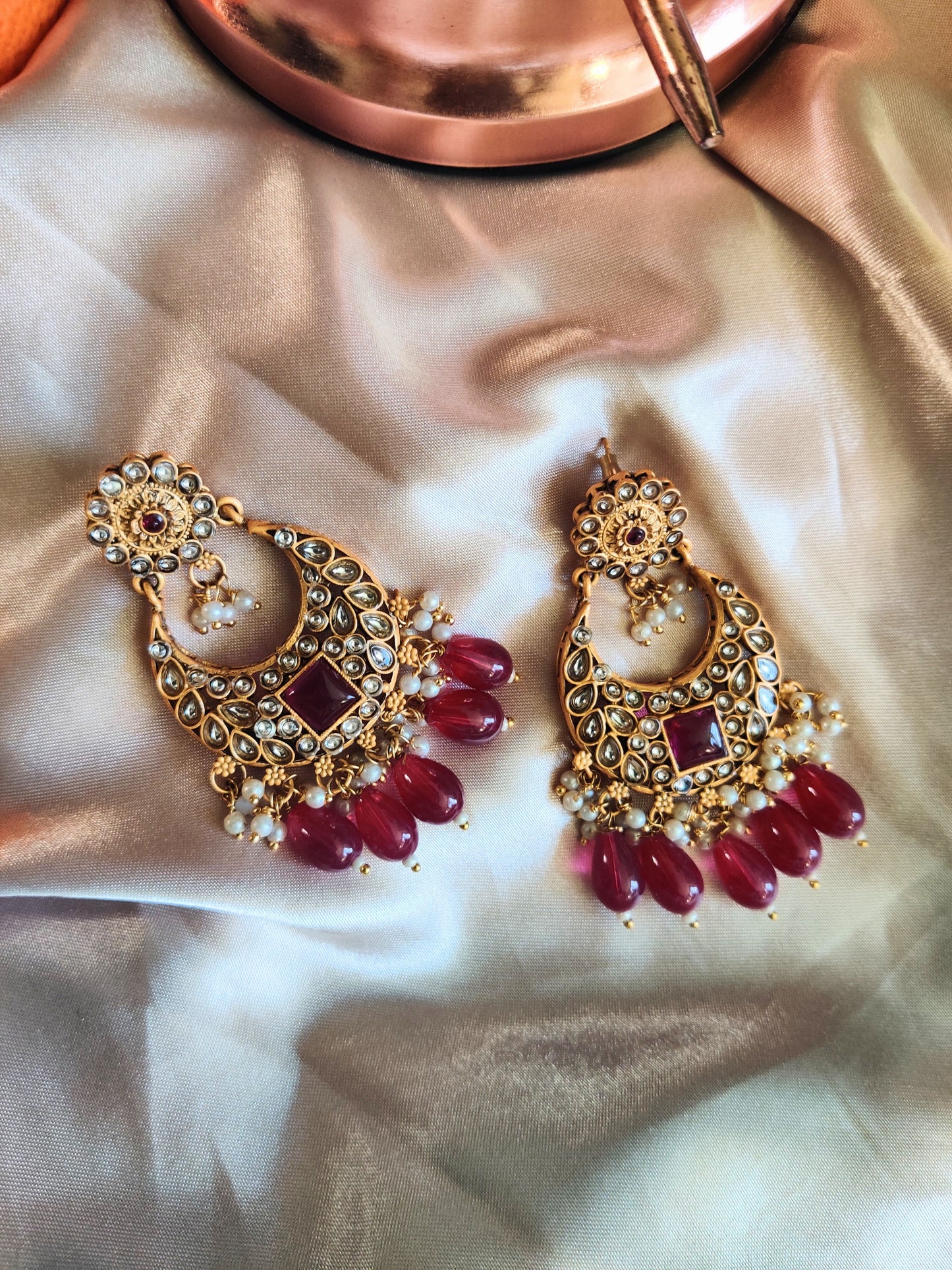 Maroon and Golden Antique Chandbali Earrings