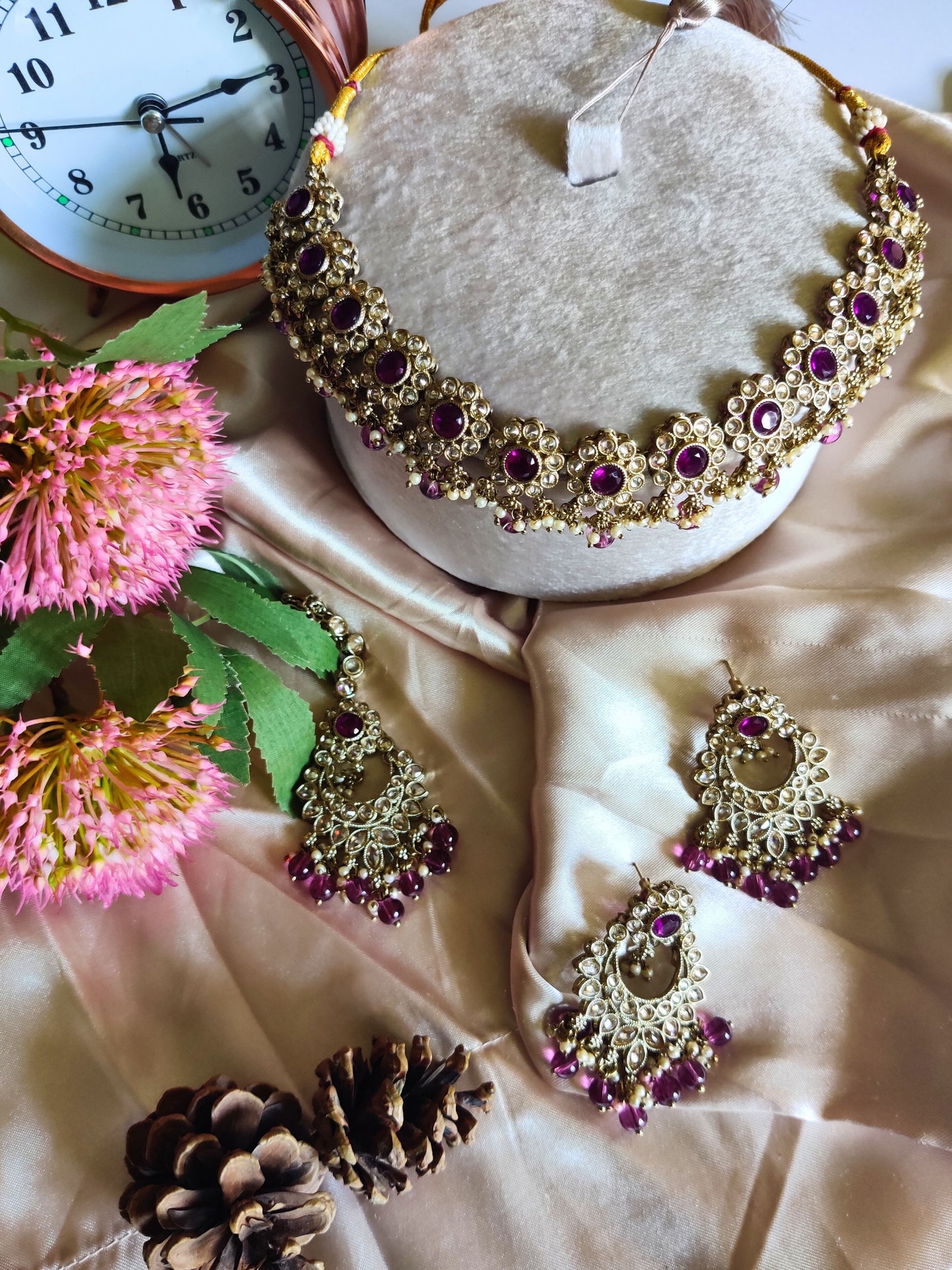 Purple Victorian Stone Necklace, Maang Teeka and Earring Set