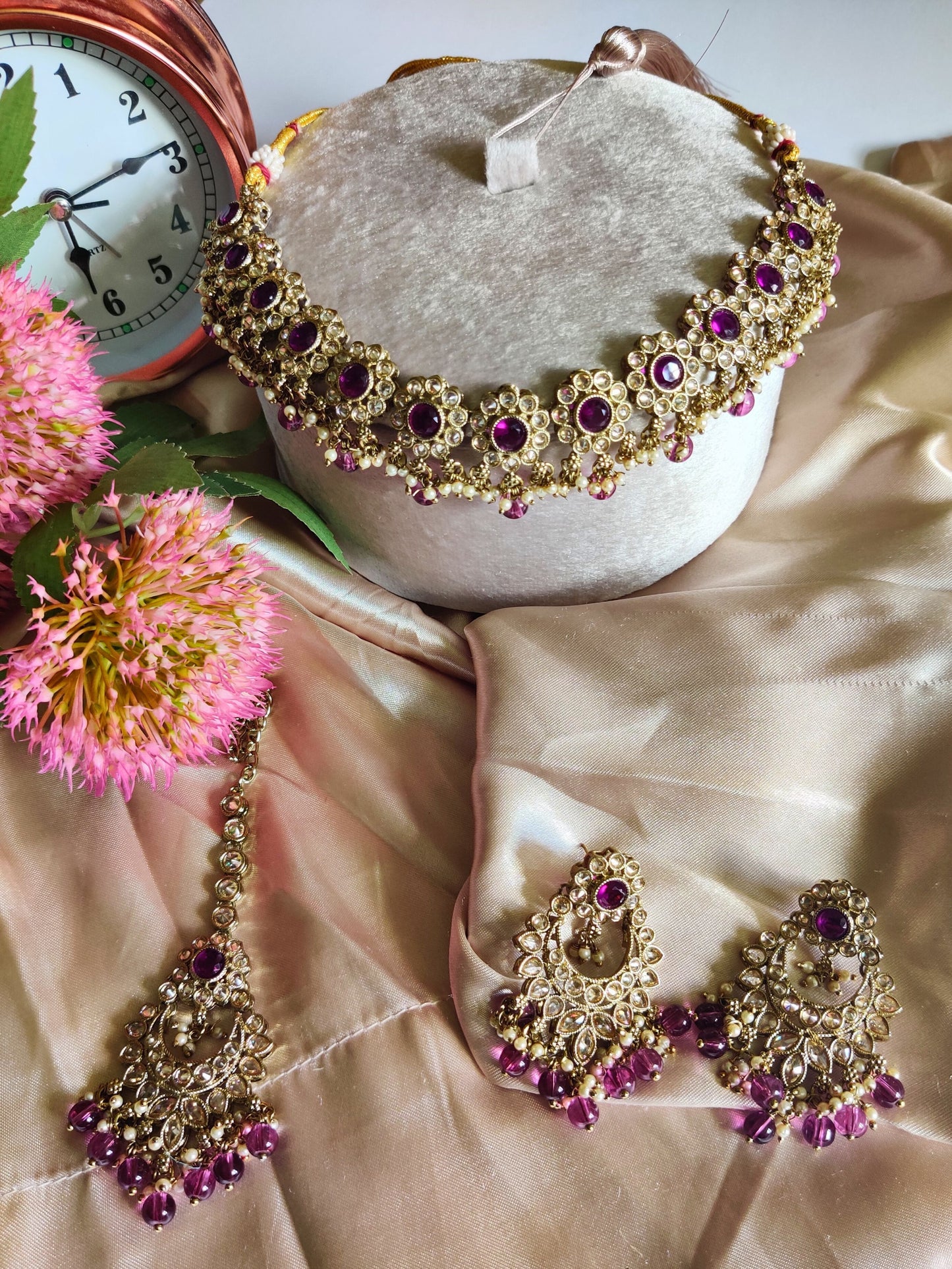Purple Victorian Stone Necklace, Maang Teeka and Earring Set