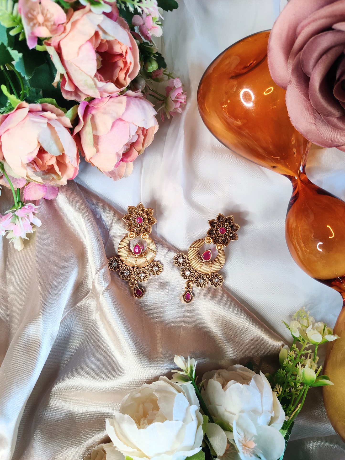 Golden Lotus Chandbali Jadtar Earrings with Pink and White Stones