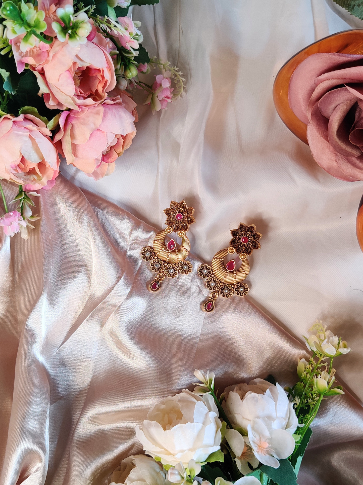 Golden Lotus Chandbali Jadtar Earrings with Pink and White Stones