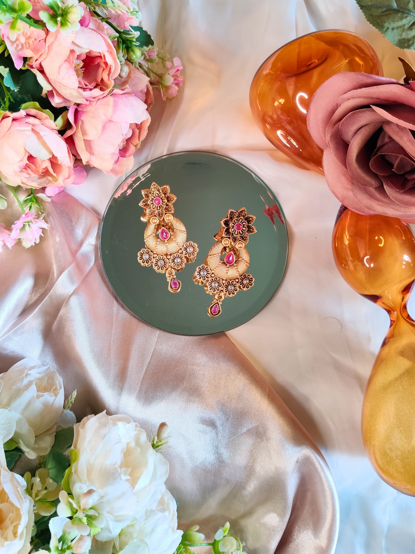 Golden Lotus Chandbali Jadtar Earrings with Pink and White Stones