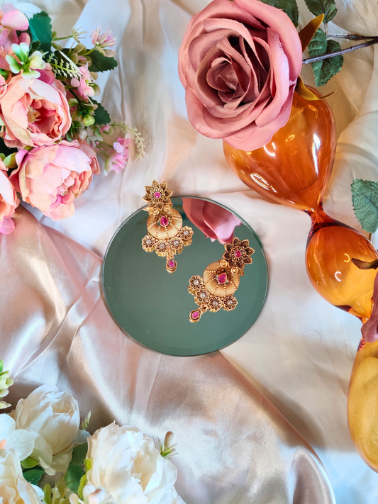 Golden Lotus Chandbali Jadtar Earrings with Pink and White Stones