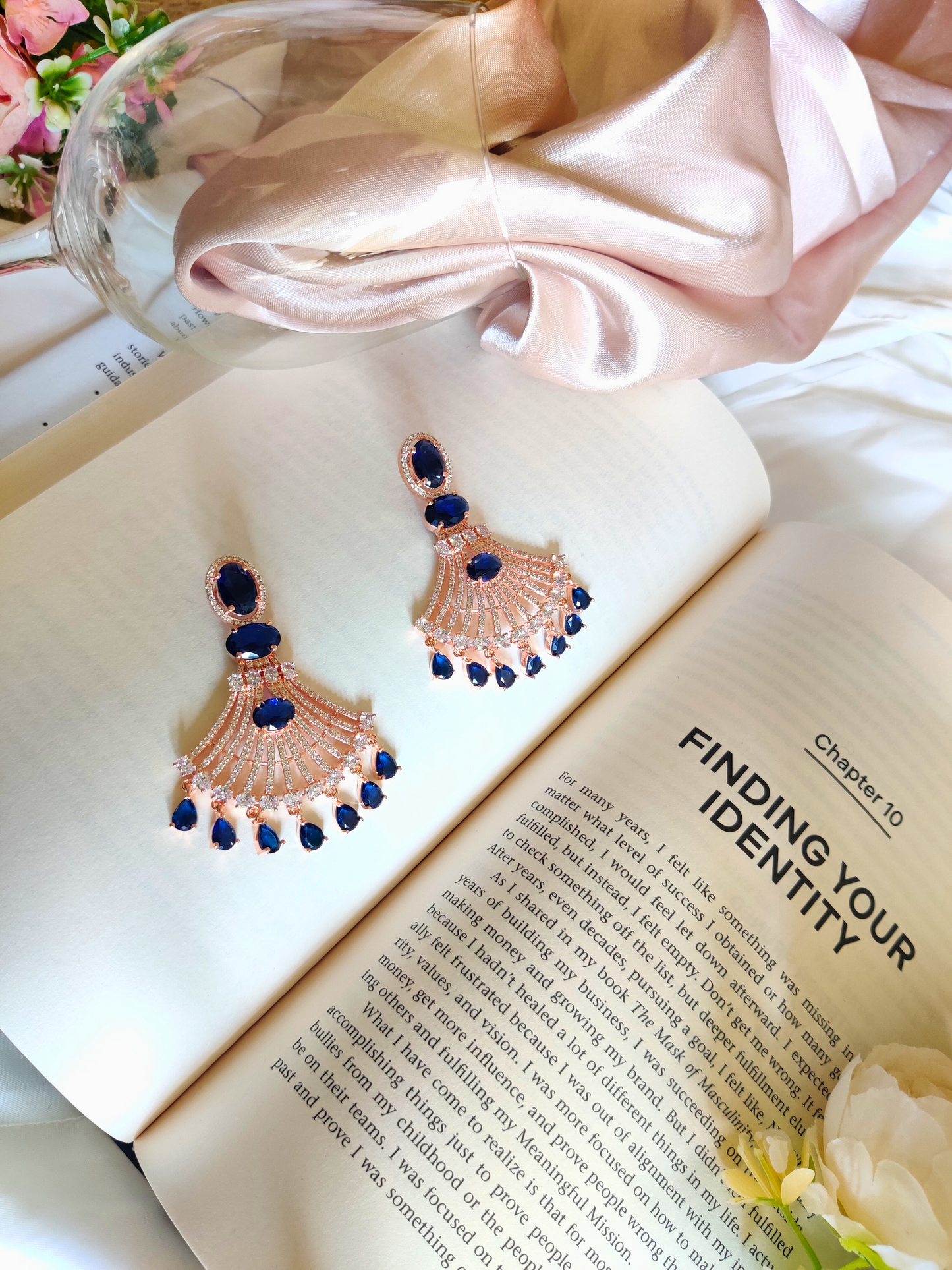 Sapphire blue Embellished Rose Gold AD Drop Earrings