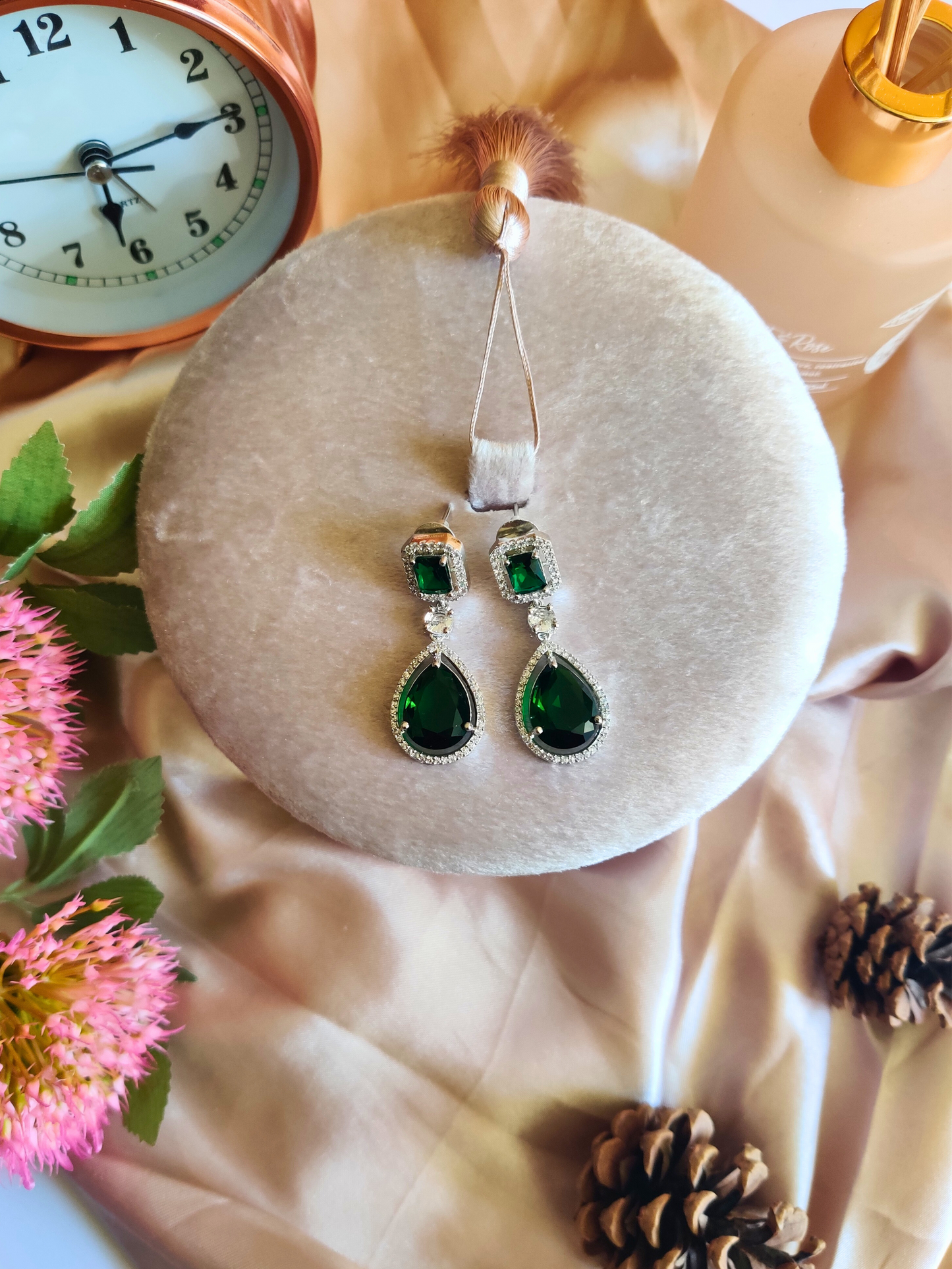 Emerald Green Tear Drop Silver Coloured Earrings