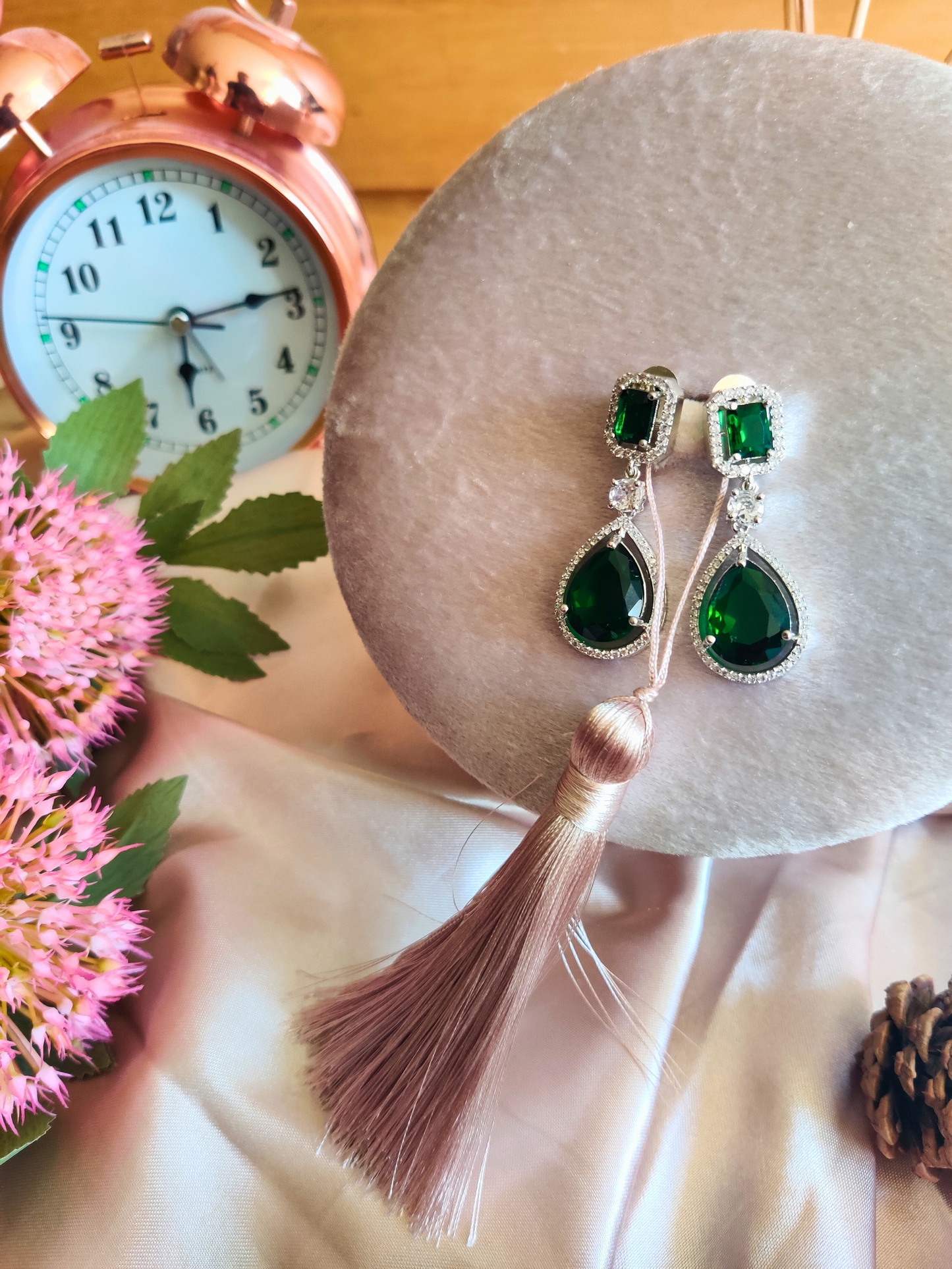 Emerald Green Tear Drop Silver Coloured Earrings