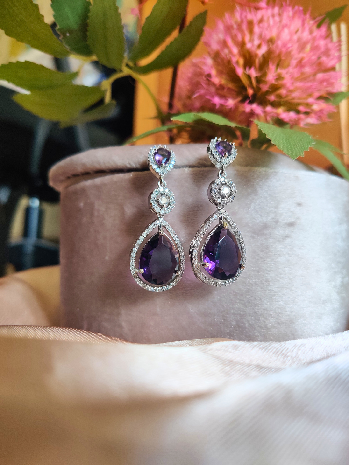 Purple Tear Drop Silver Earrings