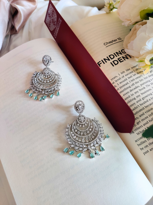 Pista Green Silver base Chandbali AD Drop Earrings