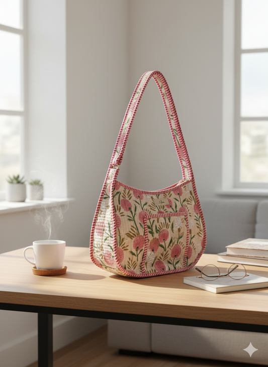 Floral crossbody bag with adjustable strap on a wooden table with a cup and books in a bright room.