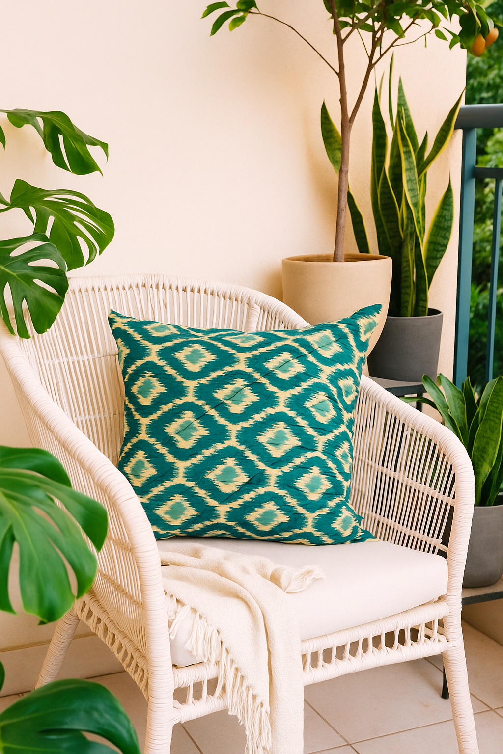 A white wicker chair with a blue/green and beige patterned cushion, surrounded by potted plants on a patio.