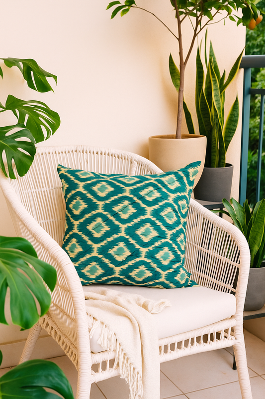 A white wicker chair with a blue/green and beige patterned cushion, surrounded by potted plants on a patio.