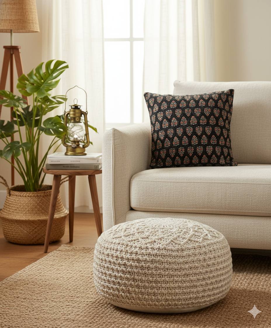 Cozy living room with a beige sofa, black with floral block print quilted cushion, and textured ottoman.