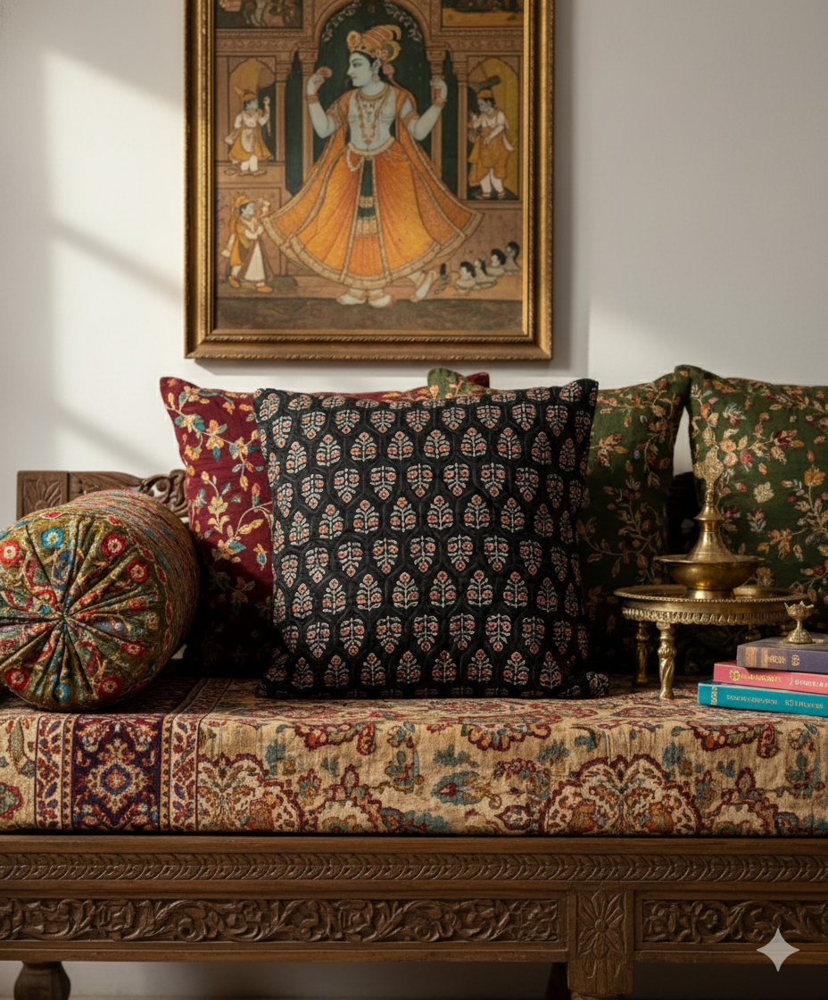 Decorative block print quilted cushion on a patterned sofa with a framed artwork above