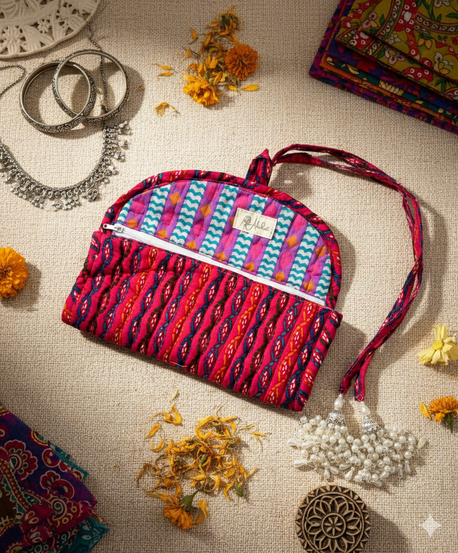A colourful patterned jewellery organiser bag on a textured surface with decorative elements