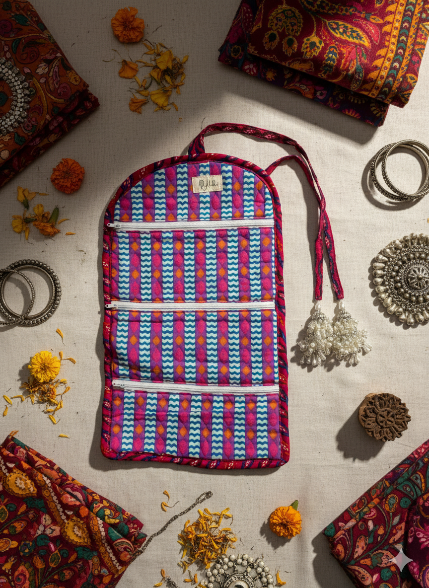 A colourful patterned jewellery organiser bag opened into 3 zippered sections with decorative elements on a light surface