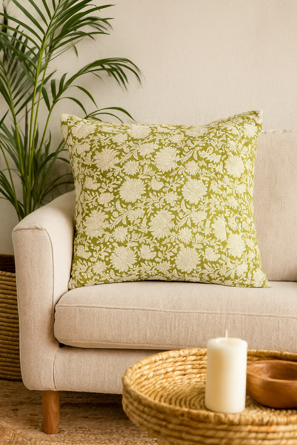 Green and white floral quilted cushion on a beige sofa with a plant and candle in the background