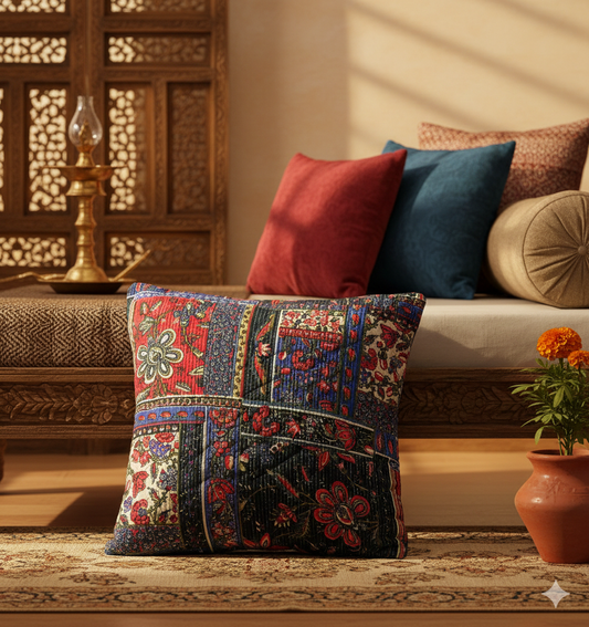 Quilted patchwork decorative pillow with intricate patterns on a couch in a warm-toned room.