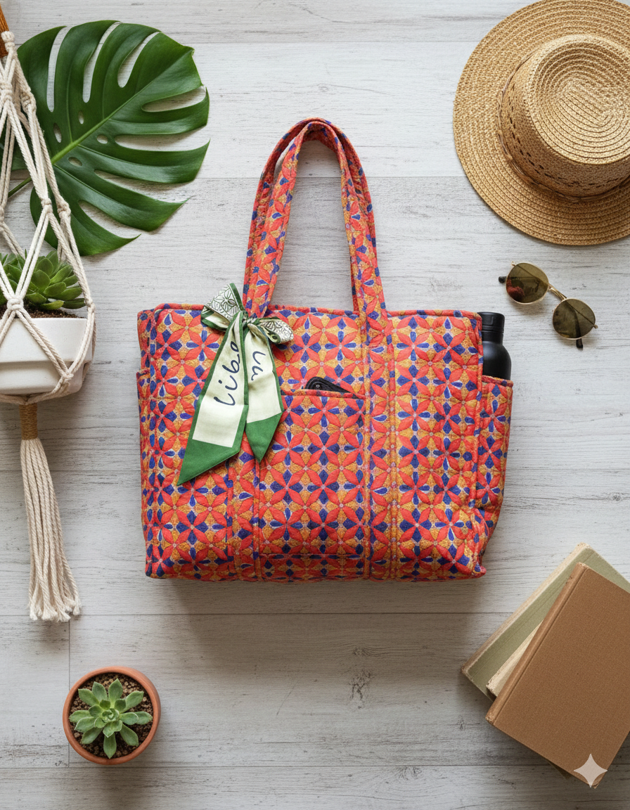 A colourful patterned tote bag with a green bow on a light wooden surface with a hat, plant, and notebook.