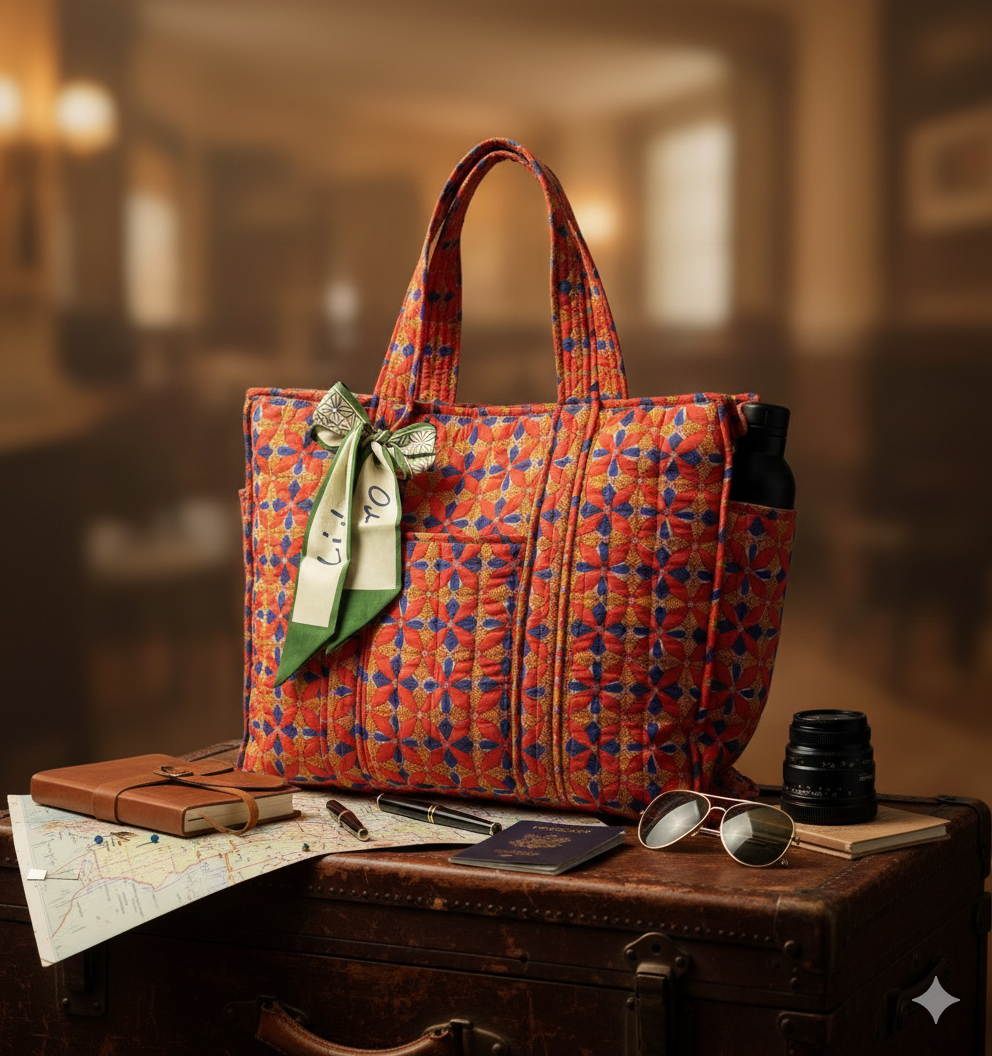 A colourful geometric patterned handbag with a bow kept on a suitcase with travel items