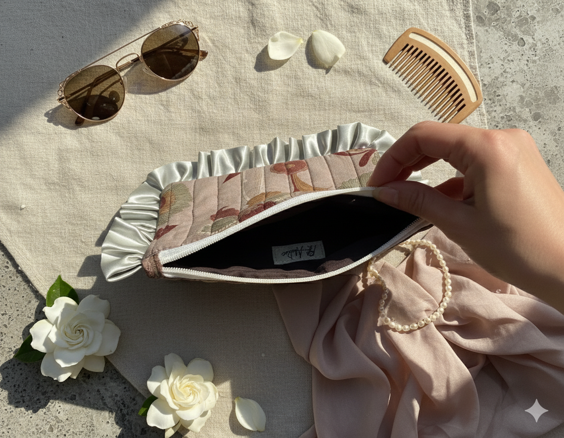 Hand holding a ruffled quilted water-resistant pouch with flowers and sunglasses on a textured surface