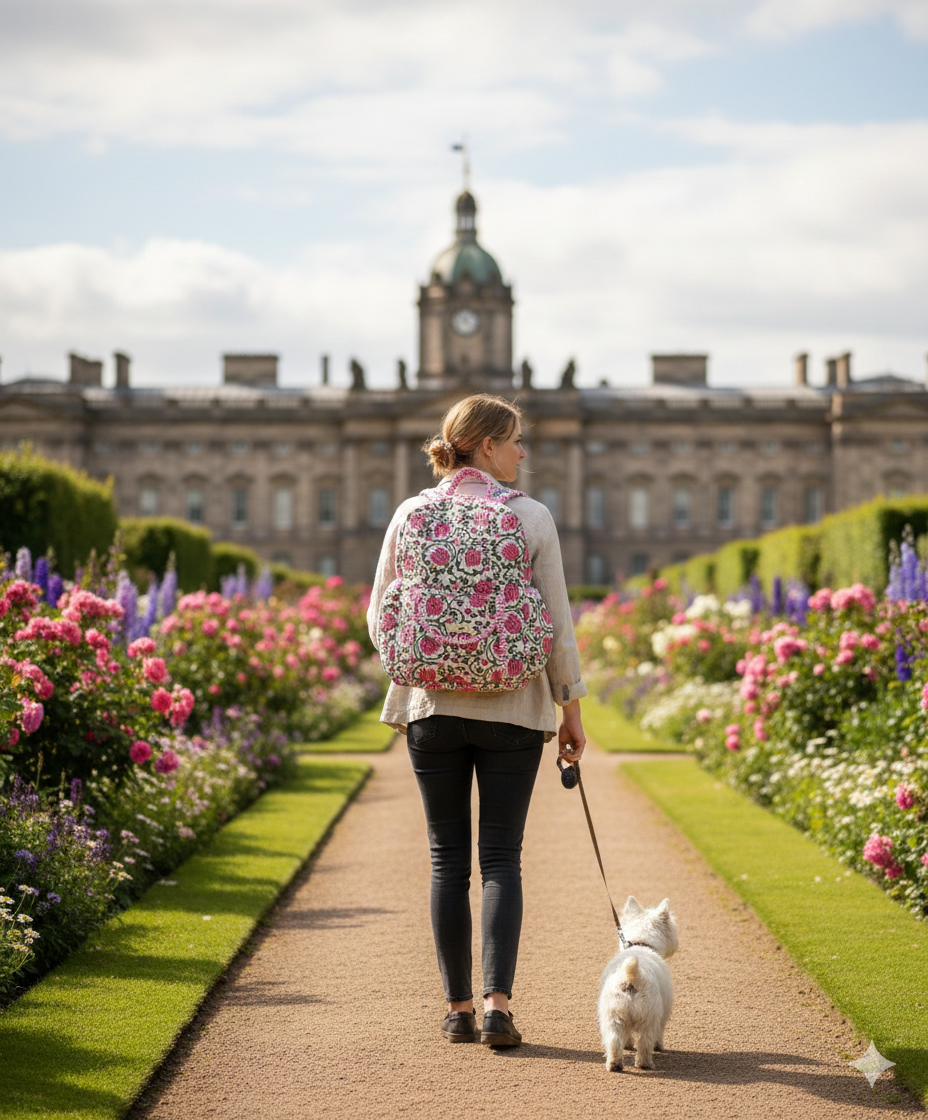 A lady wearing a floral cotton quilted backpack, walking a dog in a garden with a large building in the background