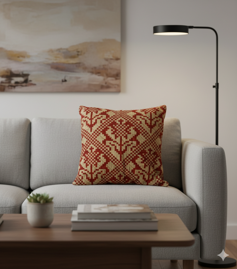 Living room with a grey sofa, patterned maroon and beige cushion, and a floor lamp.
