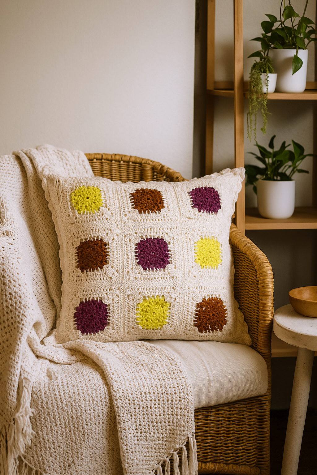 Decorative crochet pillow with colorful square patterns on a wicker chair in a cozy room.