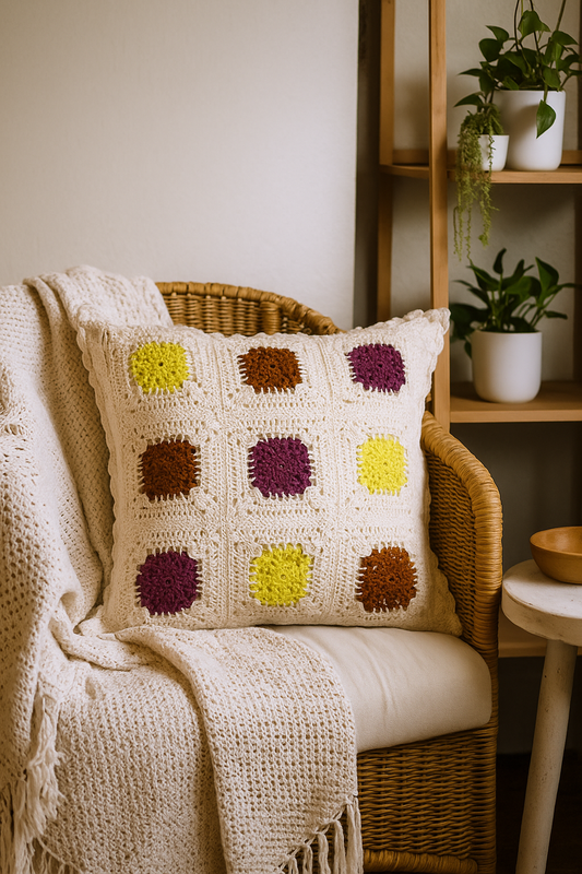Decorative crochet pillow with colorful square patterns on a wicker chair in a cozy room.