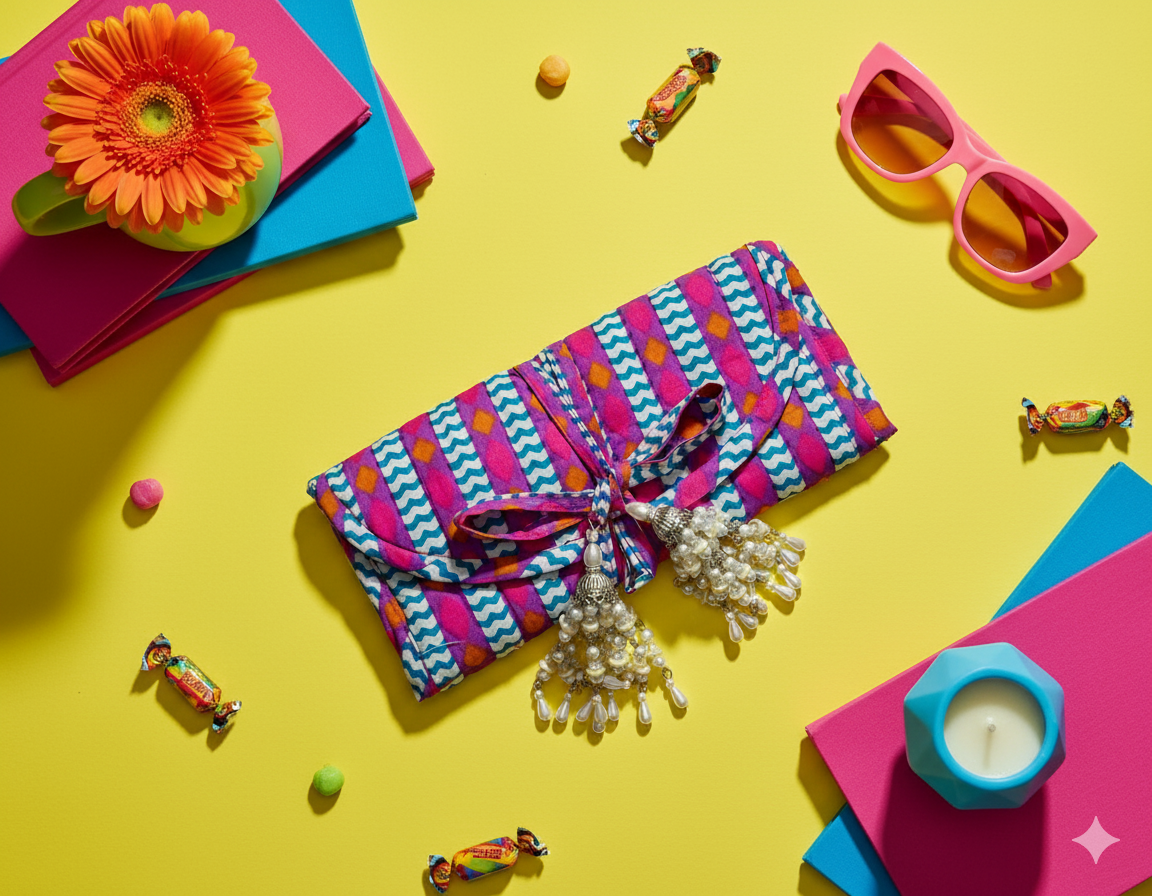 A colourful foldable jewellery organiser bag with a zigzag pattern on a yellow background with accessories.