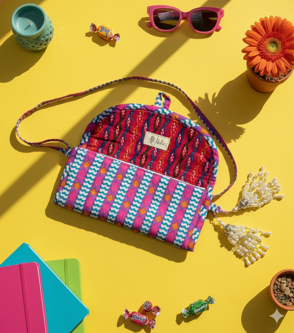 A colourful patterned foldable jewellery organiser bag on a yellow background with accessories around