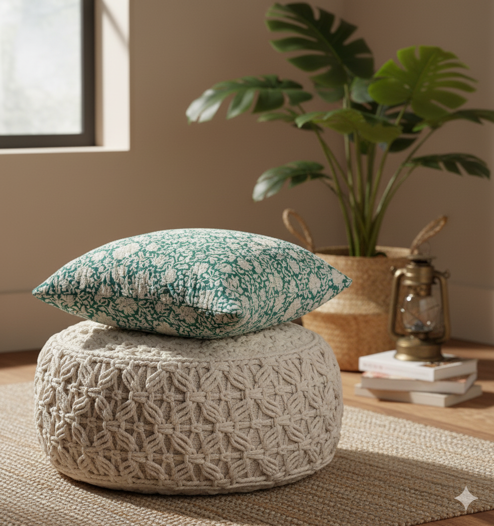 A decorative turquoise floral pillow on a woven ottoman with a plant and books in the background